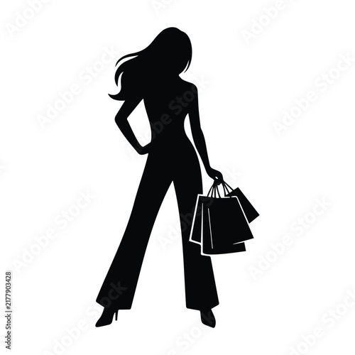 Woman silhouette holding shopping bags black vector graphic for retail sale advertising.