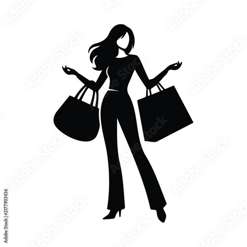 Woman silhouette carrying bags black vector icon for shopping and fashion event design.
