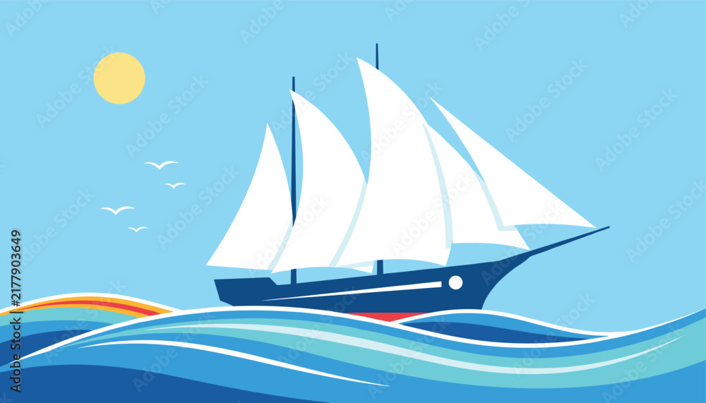 Fototapeta premium Beautiful classic sailboat sailing smoothly on the deep blue ocean waves under a warm, bright summer sun.