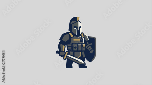 Minimalist Spartan Knight Mascot with Sword and Shield Vector Logo