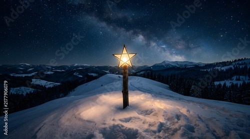 Glowing Star Topper on Snowy Pole Under Night Sky.