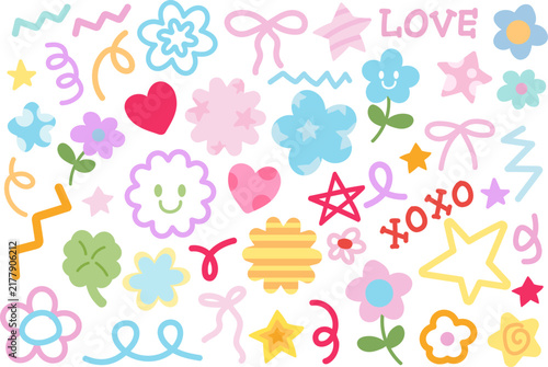 Vector illustrations of cute elements such as flowers, ribbon, abstract doodles, heart, star, confetti for nature, garden, spring, summer vibes, picnic, stickers, icon, floral print, girl power, icons