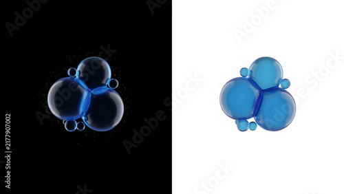 Cluster of translucent blue bubbles shown on both black and white backgrounds side by side