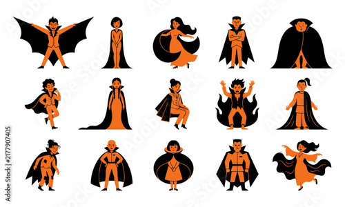 Set of cute cartoon vampire characters in various poses and outfits for halloween celebration and party design elements