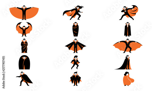 A collection of various vampire character stickers featuring capes and wings isolated on a white background design