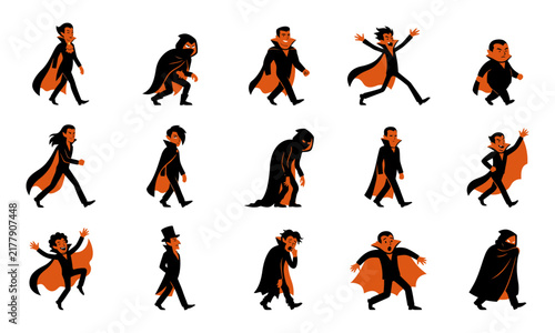 Set of cartoon vampire character illustrations showing various poses and actions for halloween design projects and games