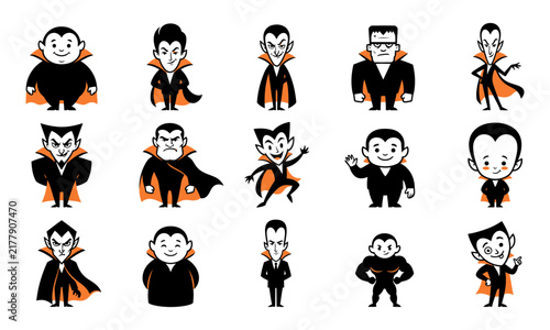 A collection of cute cartoon vampire characters featuring various poses and expressions for halloween themed graphic design projects