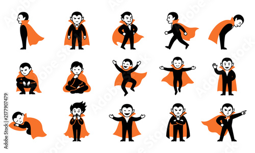 A collection of cute cartoon vampire character illustrations showing various poses and expressions for halloween holiday design projects