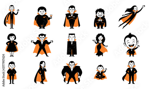 Set of cute cartoon vampire characters in various poses for halloween party decorations and festive holiday sticker designs