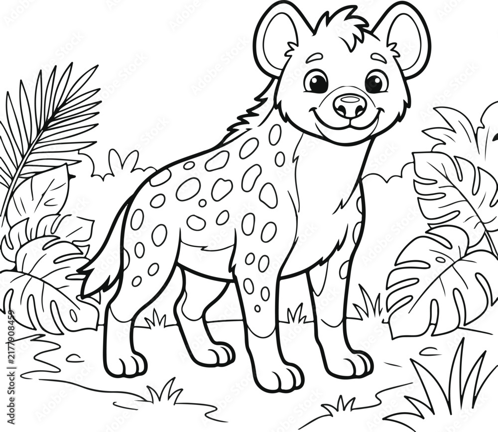 Obraz premium Cute cartoon spotted hyena standing in a tropical forest, black and white line art illustration for coloring book page