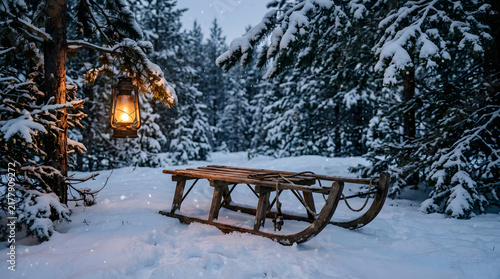 Vintage wooden sled resting in snowy forest path.