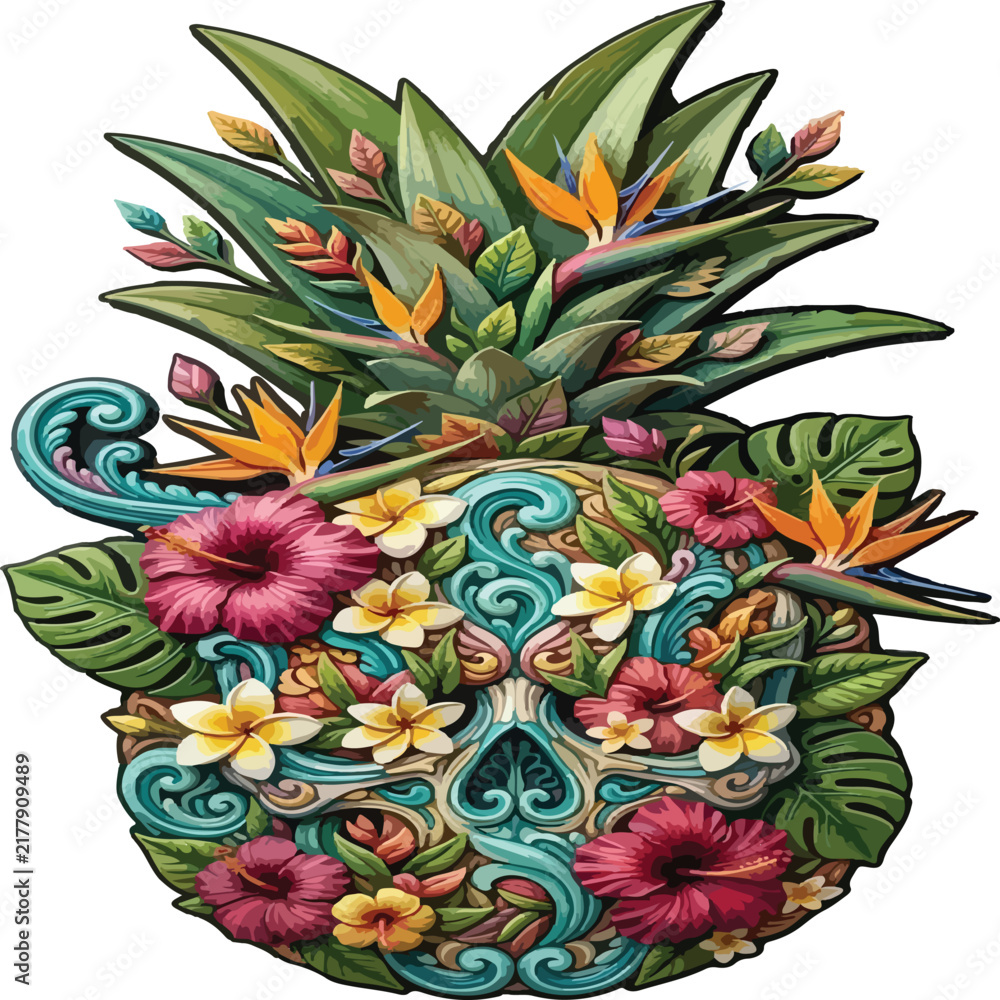 Obraz premium Pineapple fruit shape decorated with vibrant tropical flowers and leaves vector