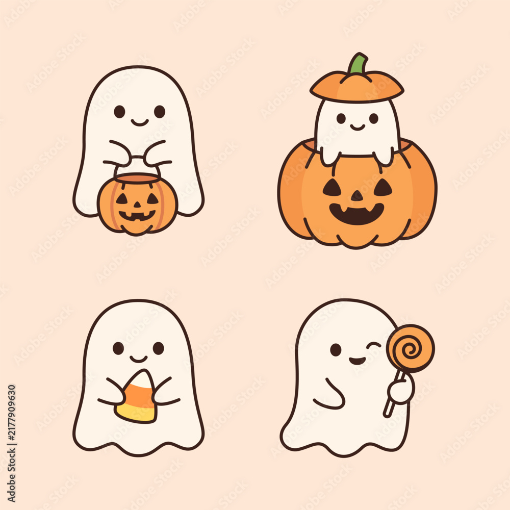 Obraz premium Cute Halloween Ghost Set with Pumpkin Bucket Candy Corn Lollipop Isolated Illustration