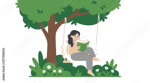 Woman reading a book on a swing under a tree