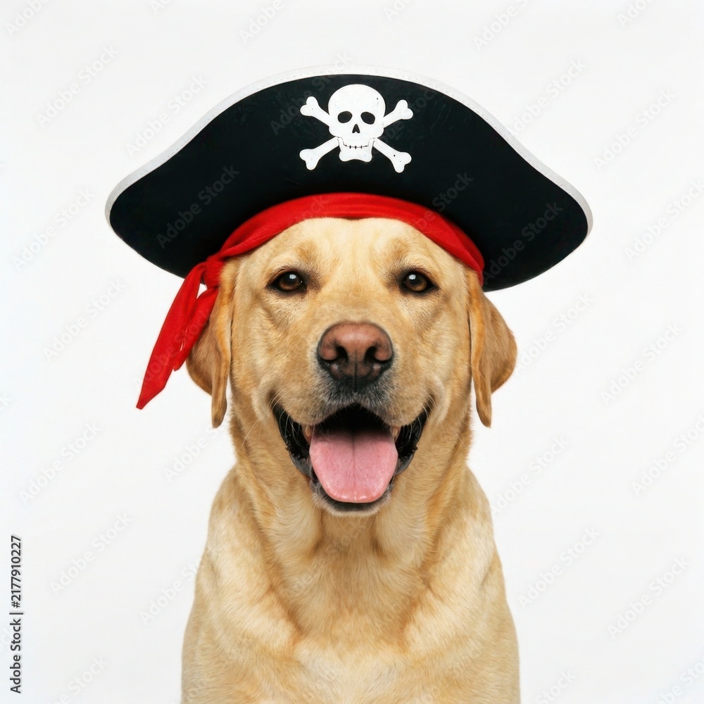 Naklejka premium Happy yellow labrador retriever dog wearing a pirate hat isolated on white background
