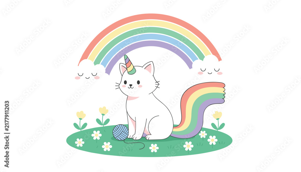 Fototapeta premium Whimsical white cat unicorn with a colorful rainbow tail and horn sitting in a green meadow under a beautiful pastel rainbow.