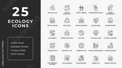 Set of 25 ecology and environment friendly sustainable living line icons with environment sustainable renewable
