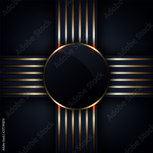 Abstract dark navy blue luxury background with metallic gold geometric cross pattern glossy black circle frame vignette and red glowing light, premium modern cover design template