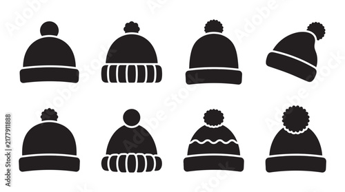 Winter beanie hats icons set featuring knit caps with pom poms knit cap hat icon clothing icon apparel icon