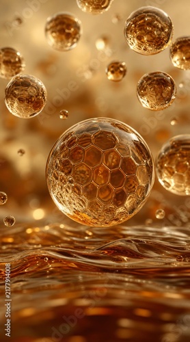 Abstract golden oil or cosmetic serum bubbles floating in liquid background.
