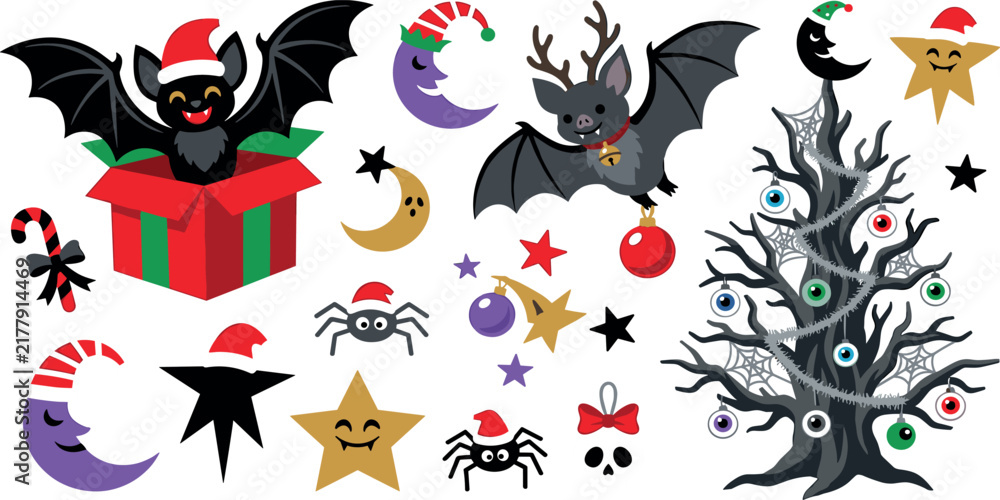 Naklejka premium Cute Creepmas bat characters and spooky gothic Christmas tree vector elements set for holiday designs