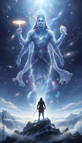 Warrior standing on a snowy mountain peak facing a giant celestial blue divine figure with looking massive ethereal figure floating starry warrior sword stands ethereal four armed confrontation