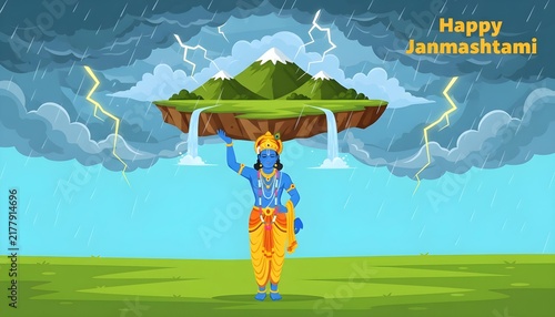 Blue deity lifting a mountain on one hand during a storm with heavy rain with blue skinned figure traditional attire holds floating mountain waterfalls above his head amidst stormy sky lightning hero
