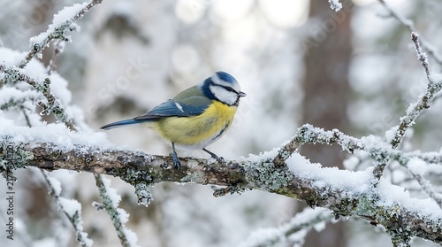 Eurasian blue tit perched on a snow covered branch in a winter forest landscape.