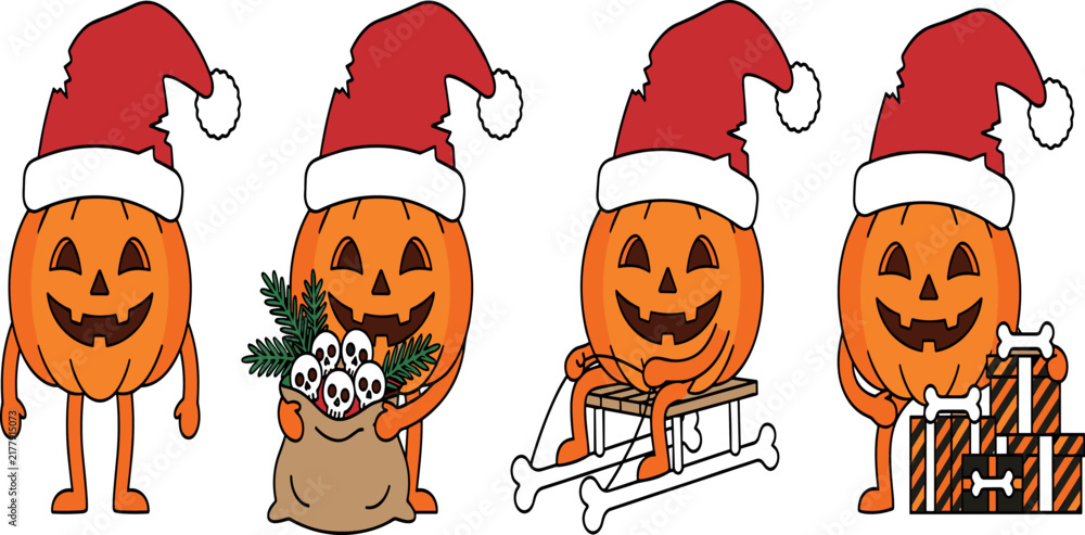 Fototapeta premium Spooky Creepmas pumpkin characters wearing santa hats in festive Halloween and Christmas winter scenes