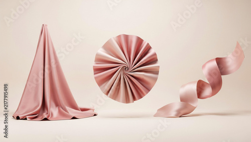 Dusty pink satin fabric draped in a circular fan and flowing ribbon on neutral background