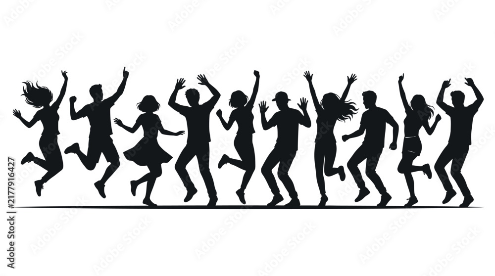 Fototapeta premium Dancing group silhouettes express joy and freedom on a clean white background.