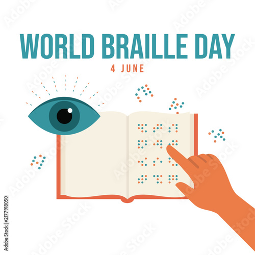 Braille day educational featuring a human eye and a hand touching braille dots in an open book on a clean white background