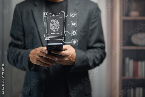 Business Professional Using Smartphone with Digital Security and Access Icons