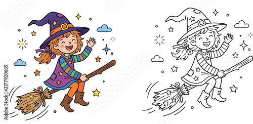 Cute cartoon witch girl flying on a broomstick coloring page for kids, colored example and outline vector illustration.