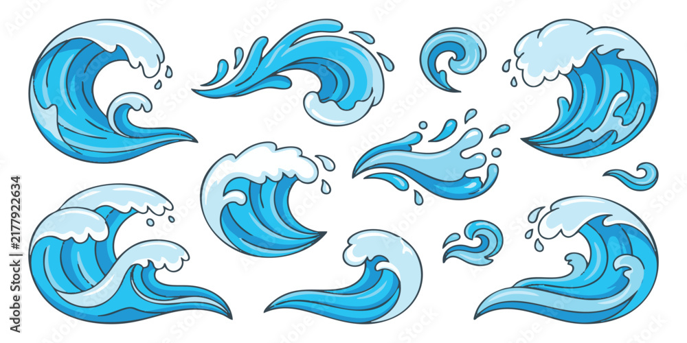 Fototapeta premium Set of blue sea water waves with foam splashes and swirls in a simple colorful cartoon hand drawn art style