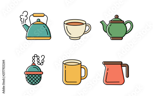 Flat Vector Tea and Coffee Icon Set with Kettle and Mugs