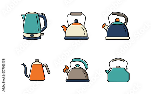 Modern Kitchen Kettle and Teapot Vector Icon Set