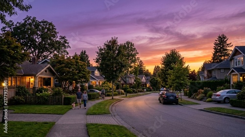 Suburban street at sunset with houses, trees, and people walking dog