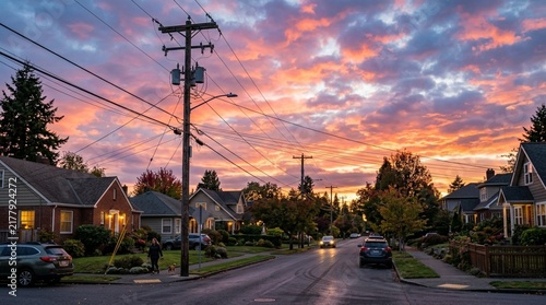 Suburban Street at Sunset, Colorful Sky Over Houses and Trees