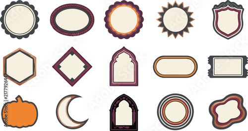 Retro Vintage Labels Collection, Classic Frames and Borders, Halloween Pumpkin and Moon Shapes, Orange and Purple Vector Badges