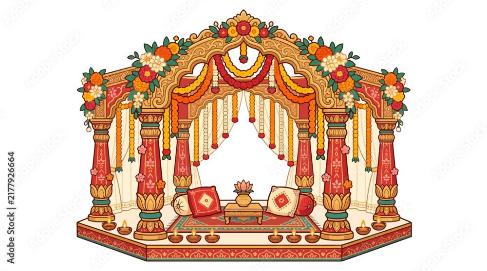Fototapeta premium Ornate traditional Indian wedding mandap with floral decorations.