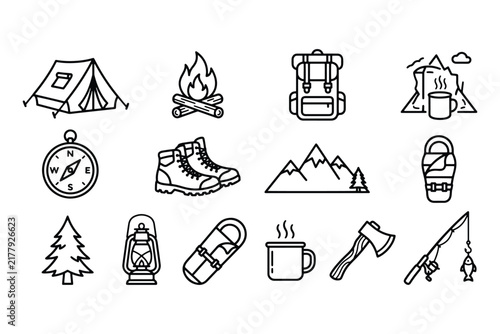 Camping equipment line icons set against a white background for outdoor activities. Camping Line Art Icons Set

