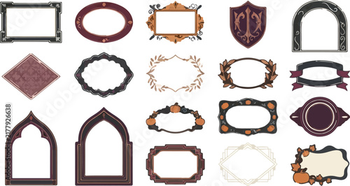 Medieval fantasy frames, gothic decorative borders, vintage ornamental labels, parchment shapes, heraldic shields, vector set 15 elements, rustic design templates for scrapbooking and branding