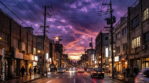 Urban street at dusk with dramatic purple sky and city lights