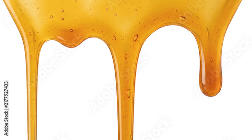 Golden honey caramel syrup liquid dripping down top border overlay isolated on transparent background.