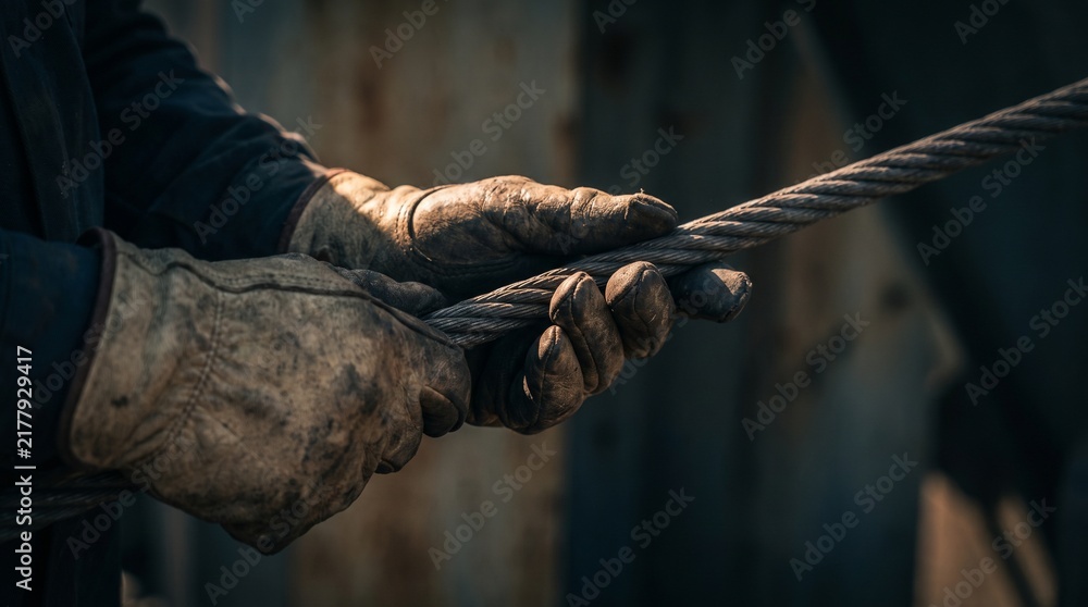 Obraz premium Worker hands in heavy gloves holding a thick steel cable rope