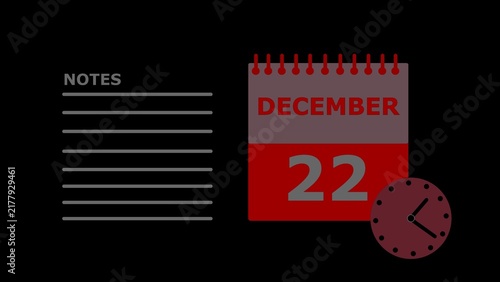 December 22 calendar page with clock and notes.