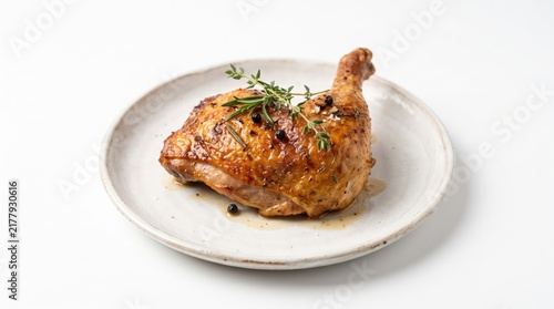 Roasted chicken leg quarter served on a round ceramic plate with fresh herbs and colorful bell peppers for dinner