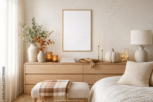 Mockup frame in interior , autumn decor and wood dresser