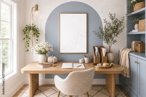 Mockup frame in interior , autumn decor and flowers